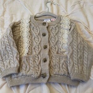 Zara Beige Knit Kids Cardigan with Lace Detail